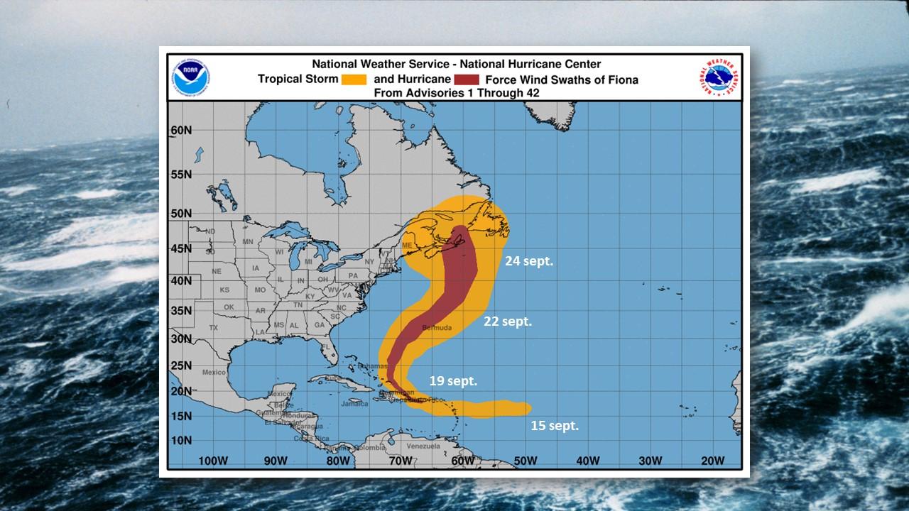 Trajectoire de l'ouragan Fiona et localisation des vents forts du 15 au 24 septembre 2022 [NOAA/NHC]