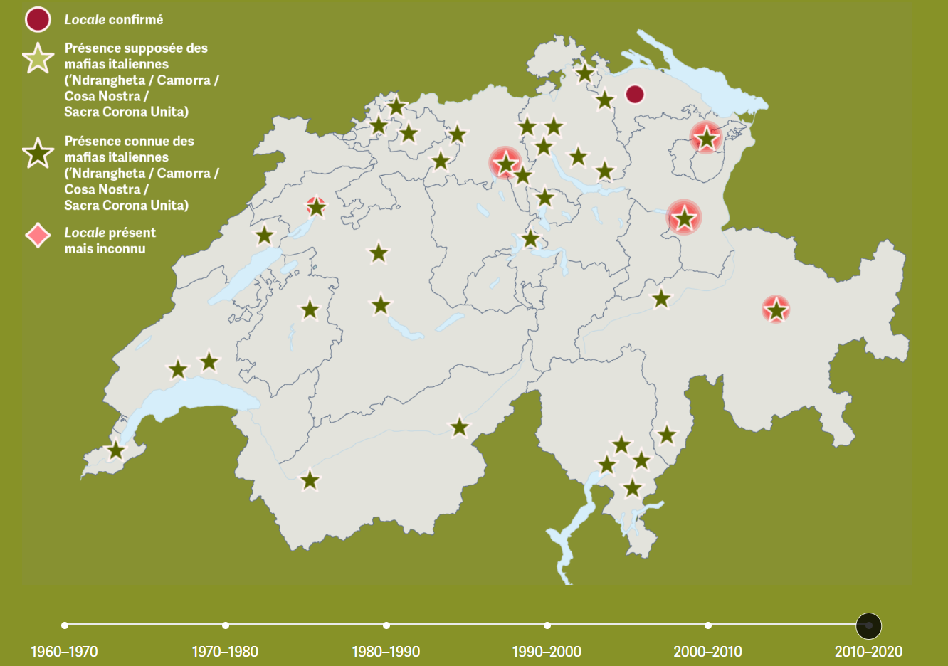 La carte de la présence des mafias italiennes en Suisse, selon le rapport annuel 2021 de Fedpol. [Fedpol]