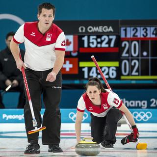 Martin Rios et Jenny Perret aux Jeux olympiques d'hiver 2018 à Gangneung, Corée du sud. [Keystone - Alexandra Wey]