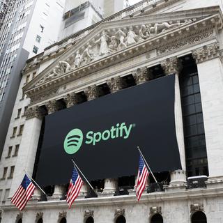 Le logo de Spotify à New York en mars 2018. [EPA/Keystone - Justin Lane]