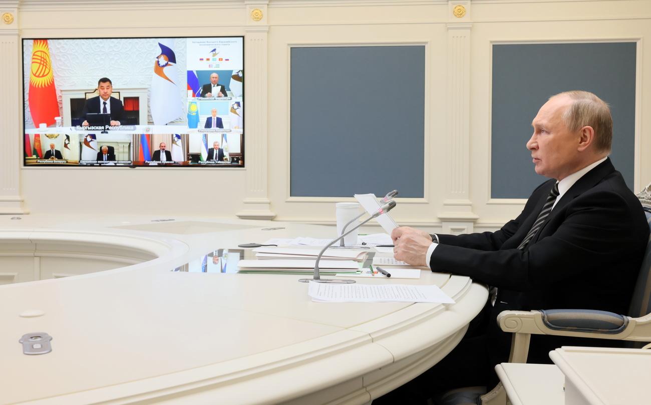 Vladimir Poutine lors d'une conférence avec l'Union économique eurasienne. [Keystone - EPA/Mikhail Metzel/Sputnik/Kremlin Pool]