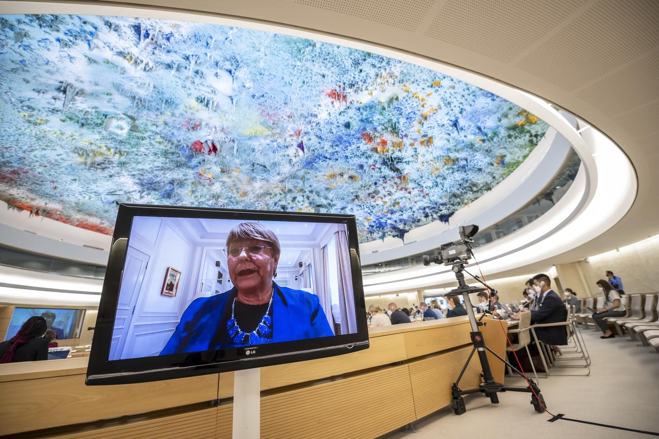 Michelle Bachelet, Haute commissaire aux droits de l'homme, dans son allocution devant l'ONU. [Keystone - Martial Trezzini]