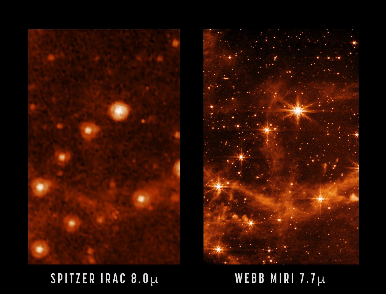 A gauche, une image prise par le télescope spatial Spitzer. A droite, le même endroit de l'espace pris par le James Webb Space Telescope. [NASA/ESA/CSA/STScI]