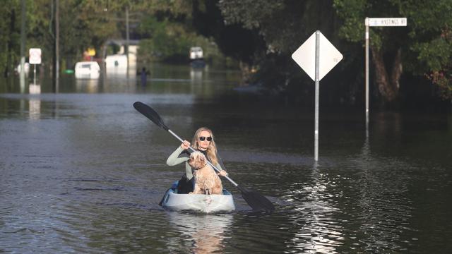 Une femme et son chien fuient les inondations dans l'Etat australien de Nouvelle-Galles du Sud. [Keystone - Jason O'Brien]