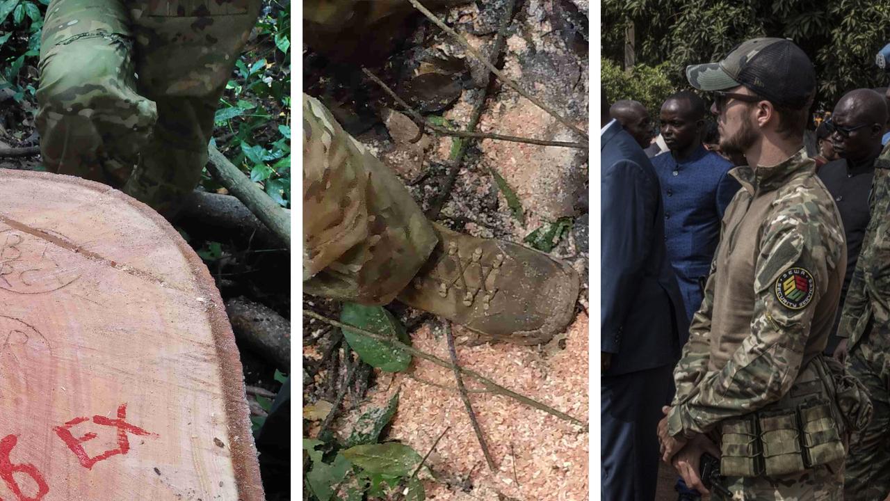 Captures des photos montrant des parties d’uniforme avec un Multicam (à gauche et au centre), ce qui correspond à la tenue d’un contractuel de Wagner en Centrafrique (à droite). [EIC/Open Facto/Minusca/Hervé Serefio]