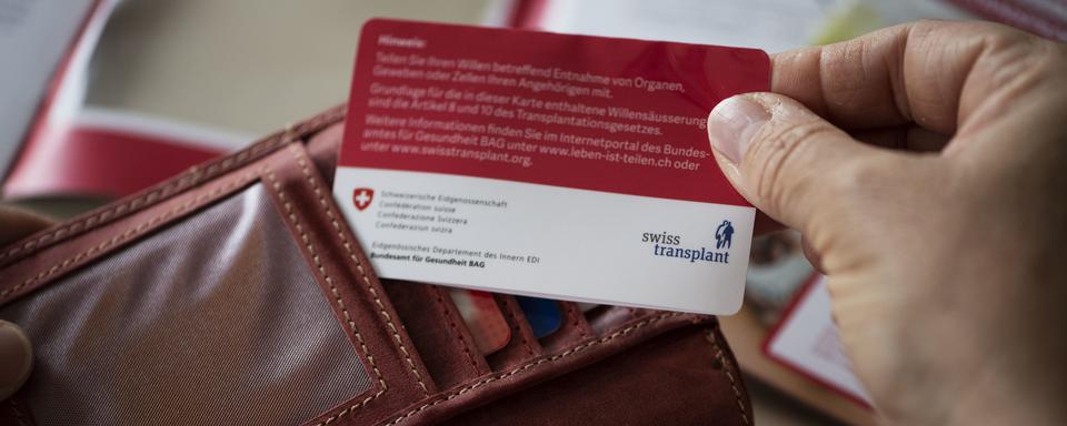 Une femme sort de son porte-monnaie sa carte de don d'organes de Swisstransplant, la Fondation nationale suisse pour le don et la transplantation d'organes, photographiée le 30 avril 2021 à Uster. [KEYSTONE - Christian Beutler]