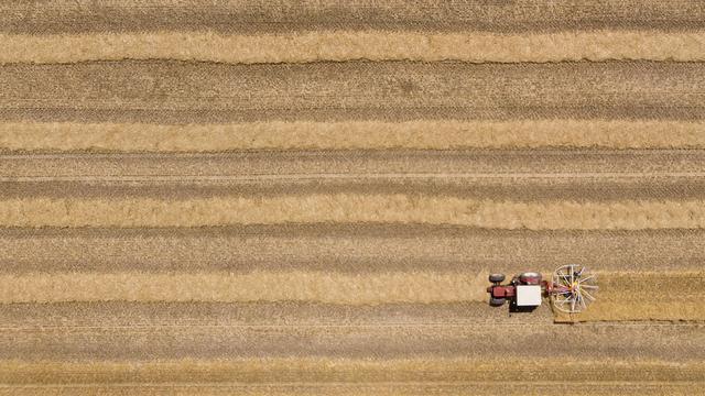 Un tracteur au travail sur un champ bernois le 6 juillet 2022. [KEYSTONE - Anthony Anex]