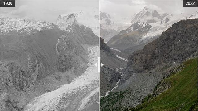 Le glacier du Gorner entre 1930 et 2022. [Swisstopo und VAW / ETH Zürich]