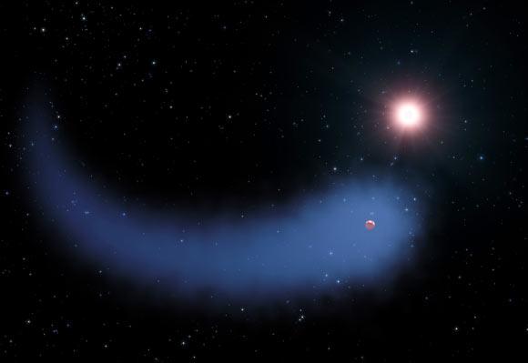 Tel une comète, un gigantesque nuage d'hydrogène s'échappe de l'exoplanète de type Neptune-chaude GJ 436b (Gliese 436b). [NASA/ESA/STScI - G. Bacon (vue d'artiste)]