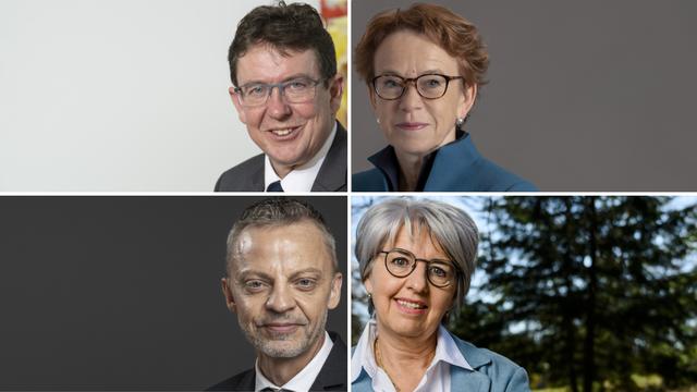 Les quatre candidats au Conseil fédéral: Albert Rösti (UDC-BE), Hans-Ueli Vogt (UDC-ZH), Eva Herzog (PS-BS) et Elisabeth Baume-Schneider (PS-JU). [Keystone - Peter Schneider/Gaëtan Bally/Georgios Kefalas/Jean-Christophe Bott]