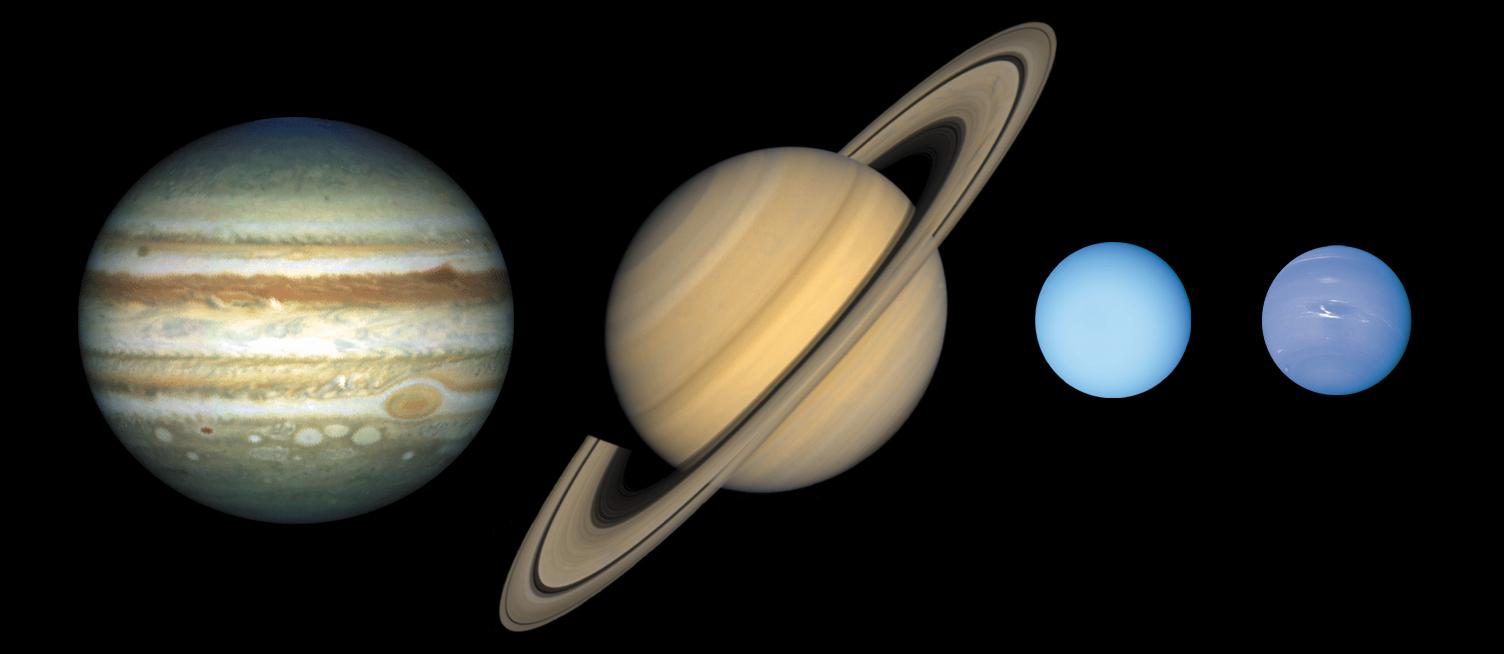 Les quatre planètes géantes du Système solaire à l'échelle: Jupiter, Saturne, Uranus et Neptune. [NASA - Solar System Exploration]
