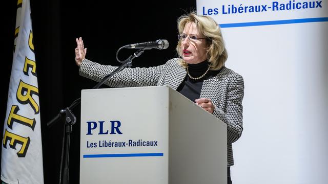 Jacqueline De Quattro lors du congrès du PLR Vaud à Savigny, 08.12.2022. [Keystone - Jean-Christophe Bott]