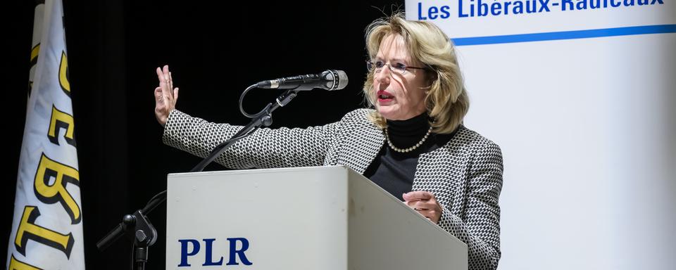 Jacqueline De Quattro lors du congrès du PLR Vaud à Savigny, 08.12.2022. [Keystone - Jean-Christophe Bott]