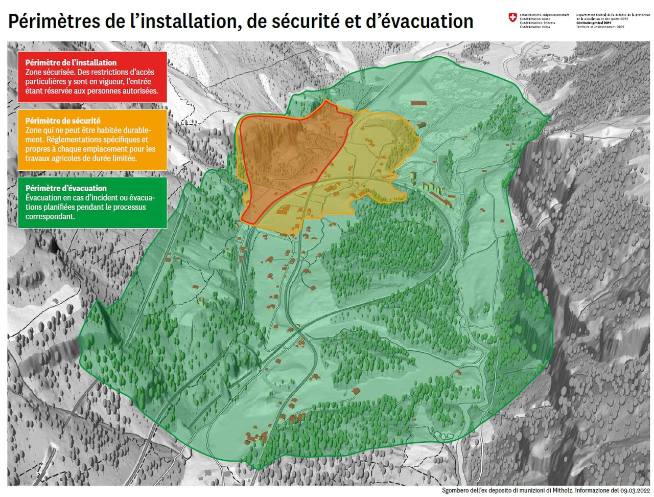 Seules les personnes habitant au sein du périmètre orange et jaune devront évacuer les lieux. Celles domiciliées dans la zone verte pourront rester. Elles devront toutefois prévoir des évacuations temporaires au fur et à mesure des travaux. [DDPS]