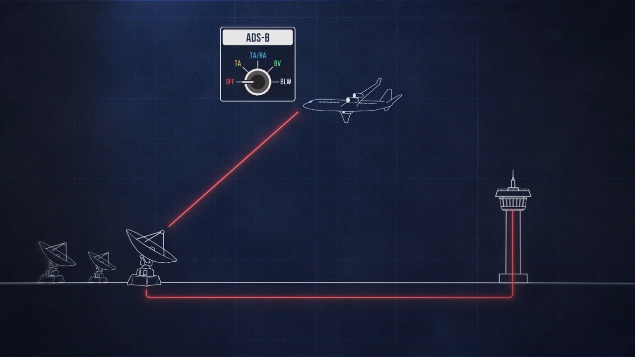 Illustration des connexions entre l'avion, les stations ADS-B et la tour de contrôle. [RTS]