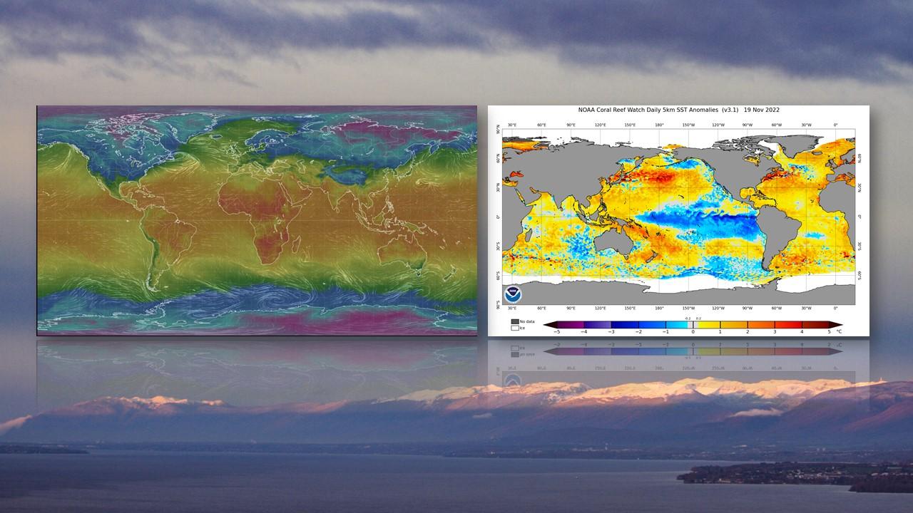 Températures au sol le 21 novembre 2022 (à gauche) et anomalies de températures à la surface de l'océan le 19 novembre 2022 (à droite). [earth.nullschool.net/CPC - Jean-Pierre Bürki]