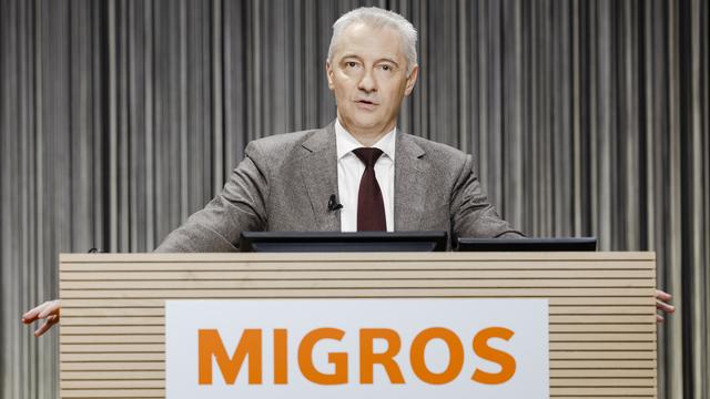 Fabrice Zumbrunnen, CEO de Migros, s'exprime lors de la conférence de presse de Migros le 29 mai 2022 à Zurich. [KEYSTONE - Michael Buholzer]