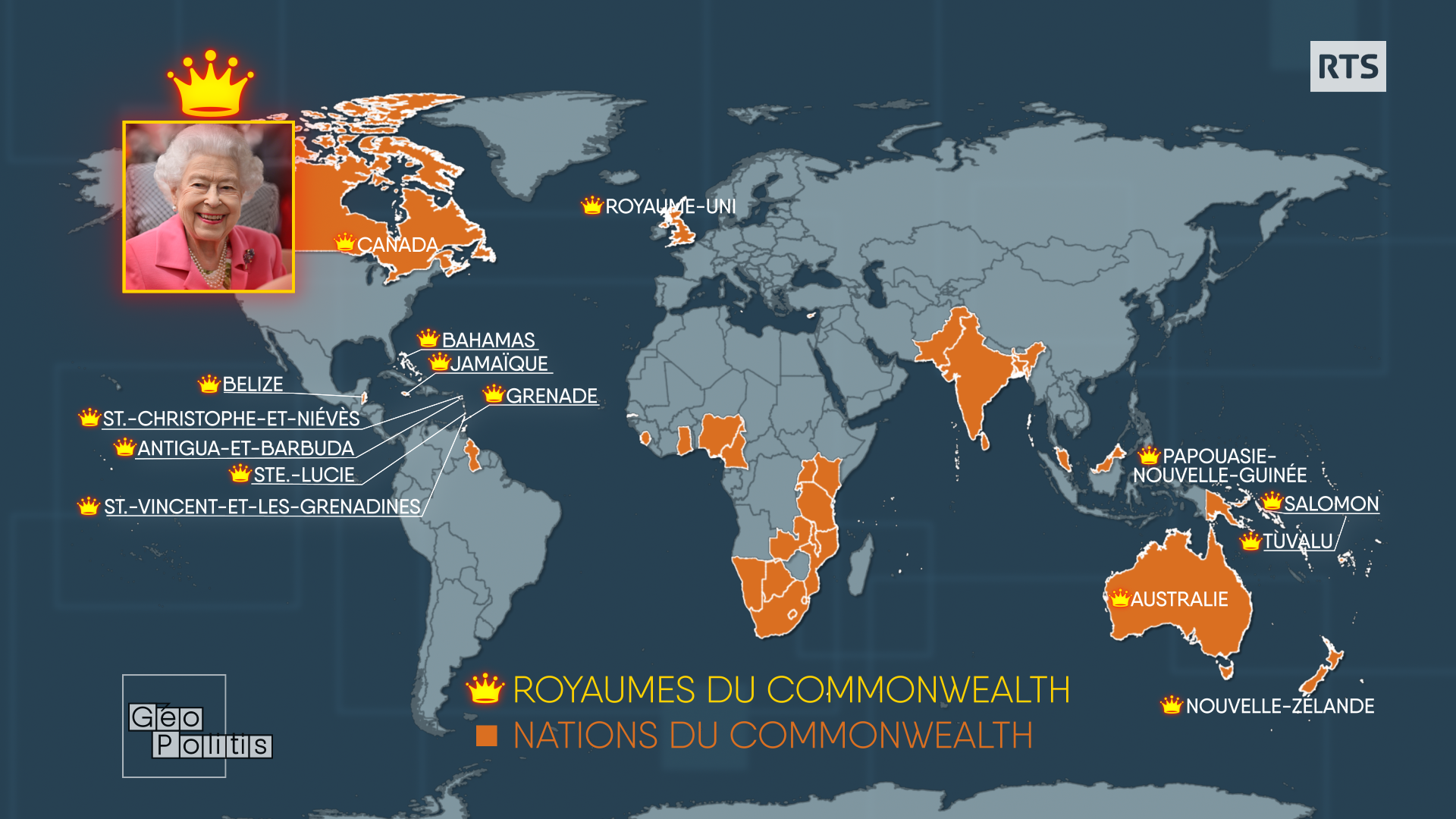 La carte des royaumes et des nations du Commonwealth. [RTS - Géopolitis]