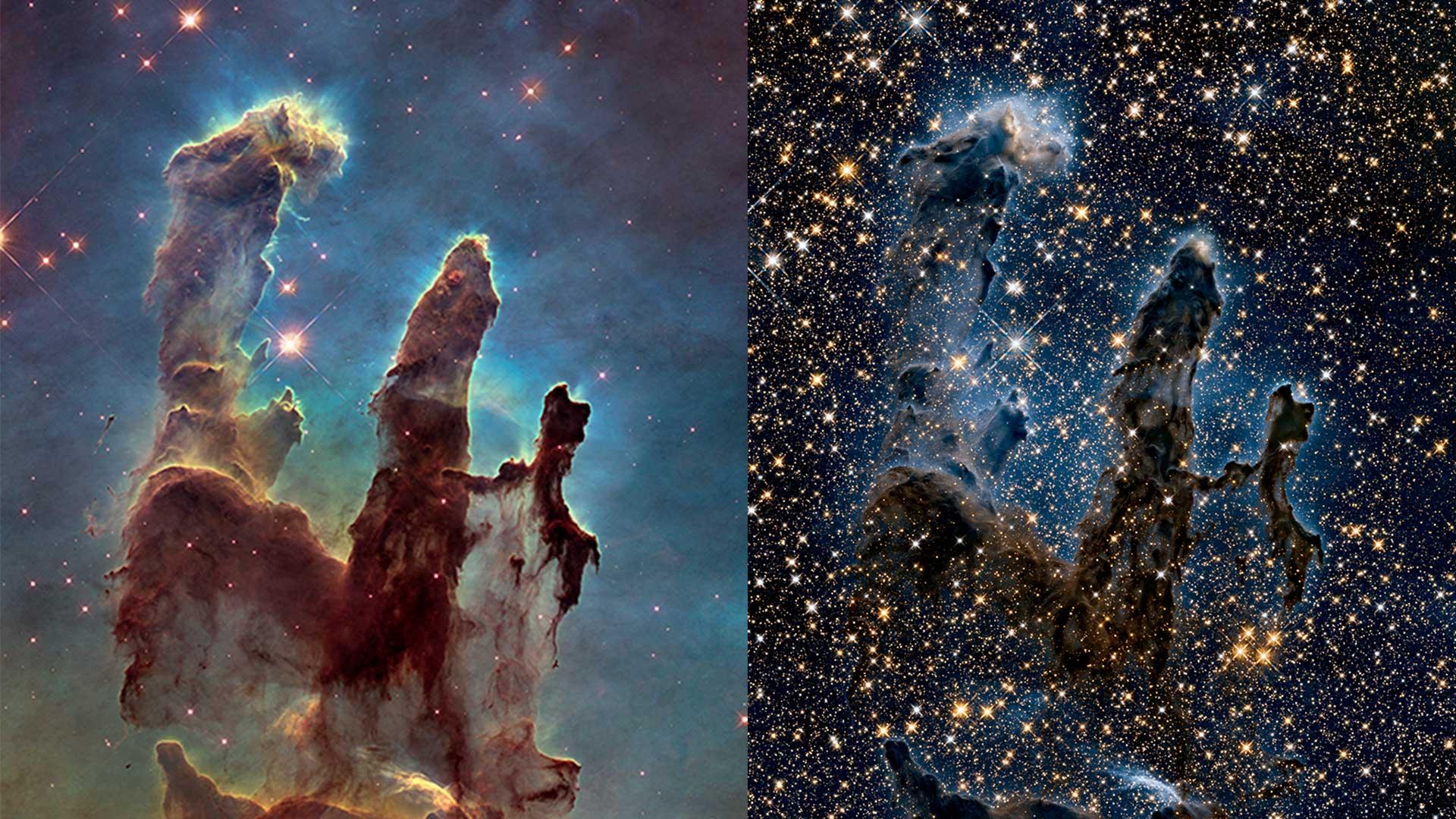 Les Piliers de la Création en lumière visible (à gauche) et en infrarouge proche (à droite). Hubble a capturé ces images en 2015: à gauche, des nuages ​​opaques. A droite, ils sont comme gommés par l'infrarouge qui pénètre le gaz et la poussière, révélant à la fois les étoiles derrière la nébuleuse et celles cachées à l'intérieur. [NASA/ESA - The Hubble Heritage Team (STScI, AURA)]