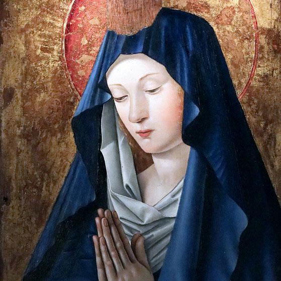Vierge en oraison par Jean Bourdichon (1456-1521), Musée des Beaux Arts de Tours. Dans le récit de l'Annonciation, lorsque l'archange Gabriel annonce à Marie qu'elle est choisie pour devenir la Mère de Dieu, elle ne veut se donner d'autre titre que celui de servante. [flickr - jean louis mazieres]
