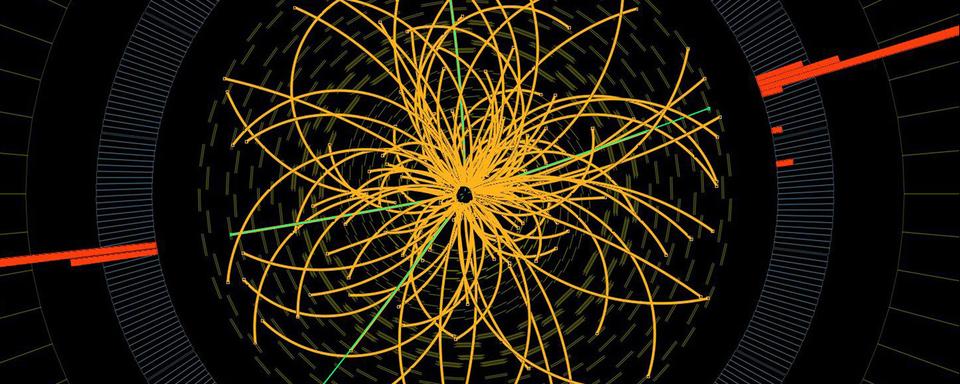 Une collision proton-proton dans le CMS du CERN. Cet événement observé en 2011 montre les caractéristiques attendues de la désintégration d'un boson de Higgs, mais est également cohérent avec le contexte des processus physiques du Modèle Standard. [Keystone/AP photo - CERN]