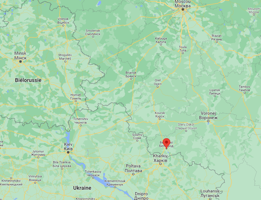 La ville russe de Belgorod n'est située qu'à 80 kilomètres de la ville ukrainienne de Kharkiv. [Google Map - RTS]