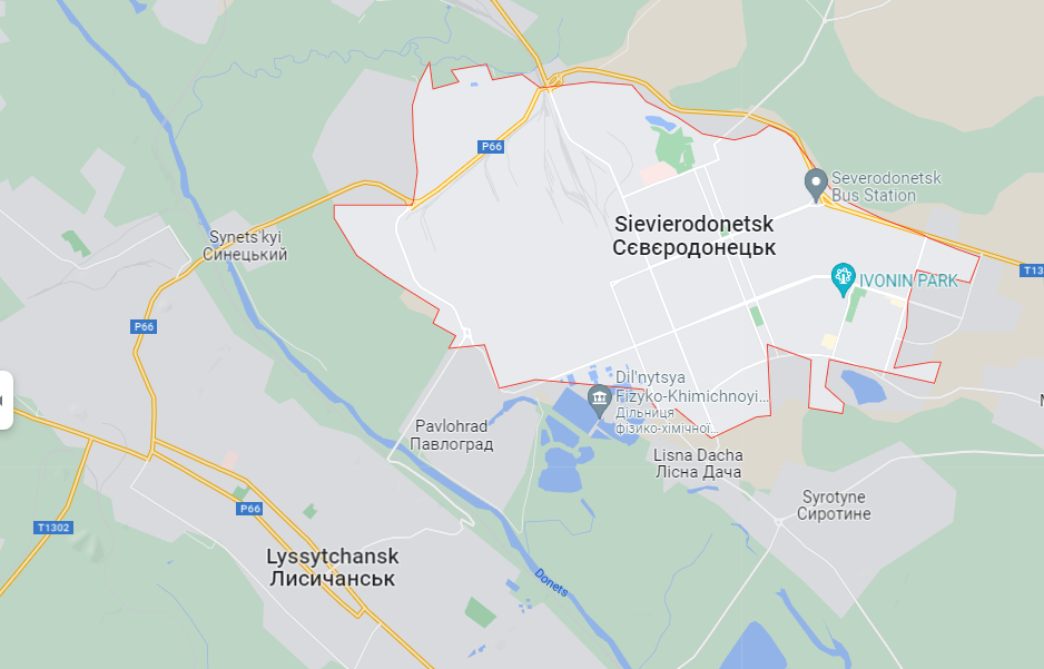 Severodonetsk et Lyssytchansk sont des villes voisines, séparées par la rivière Donets. [Google Map - RTS]