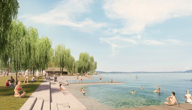 La nouvelle plage avec accès à l'eau par des marches et des pontons. [Nightnurse Image Visualisierung Zurich - nightnurse images GmbH]