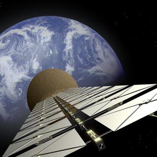 Vue d'artiste d'un satellite servant à envoyer de l'énergie solaire sur Terre. [ESA - European SPS Tower concept]