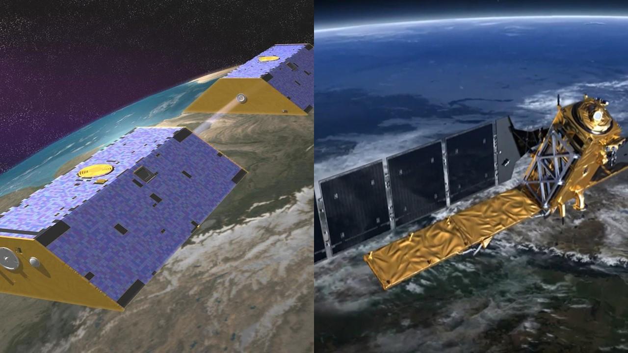 Satellites du programme Gravity Recovery and Climate Experiment (à gauche) et Sentinel 1 (à droite) [NASA/ESA]