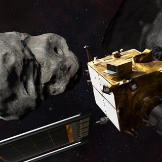 Illustration de la mission expérimentale de la NASA pour dévier un astéroïde grâce à une sonde. [Keystone/EPA - NASA/John Hopkins Applied Physics Laboratory]