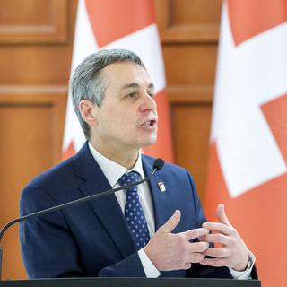 Le président suisse Ignazio Cassis lor d'une conférence de presse conjointe avec le président moldave Maia Sandu, pendant sa visite officielle à Chisinau, le 22 mars 2022. [EPA/KEYSTONE - Dumitru Doru]