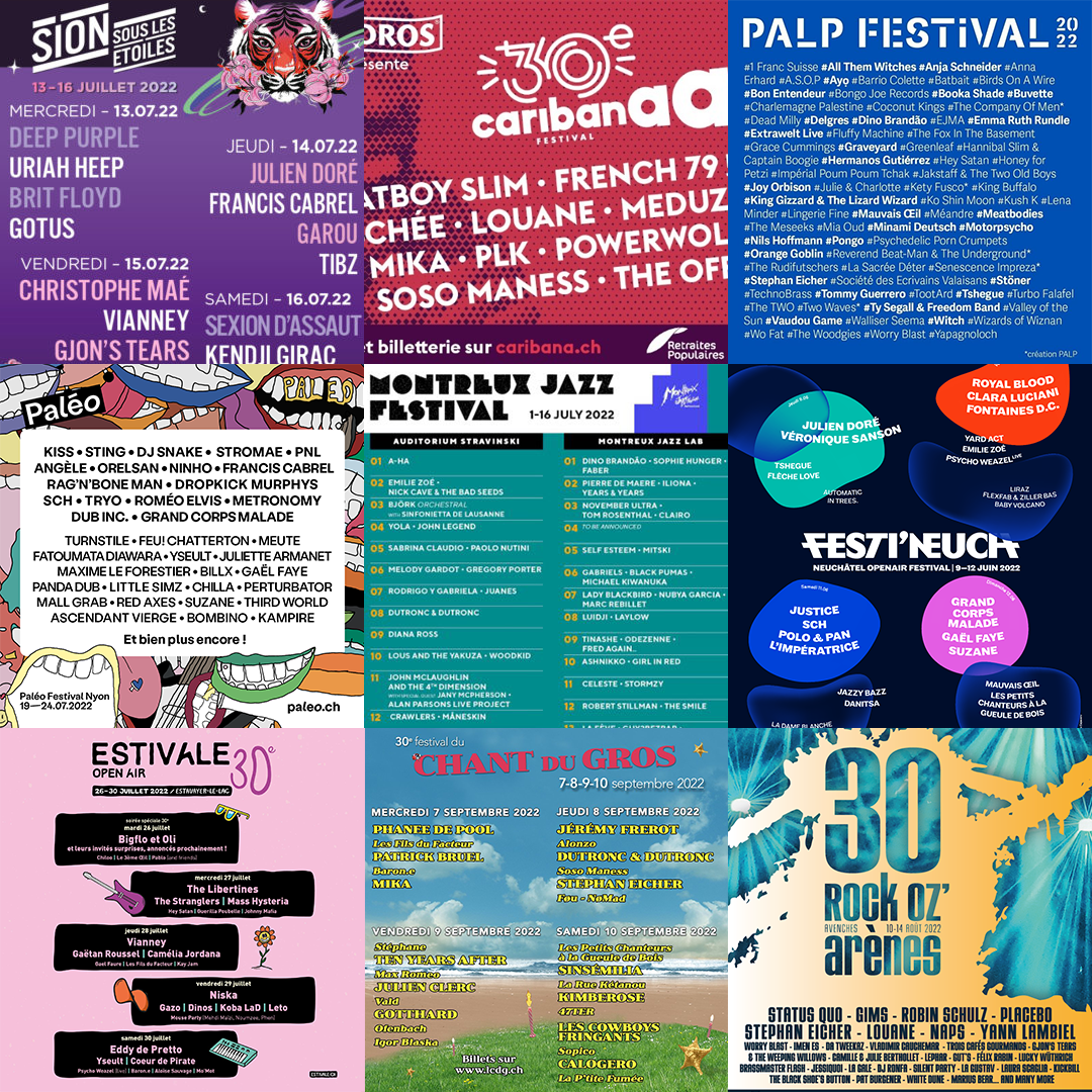 Les affiches des principaux festivals romands en 2022.