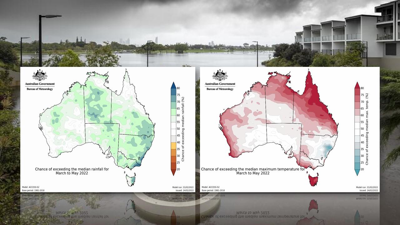 Anomalies de précipitations (à gauche) et de températures (à droite) prévues pour le mois de mars par le Bureau of Meteorology australien. [BOM]