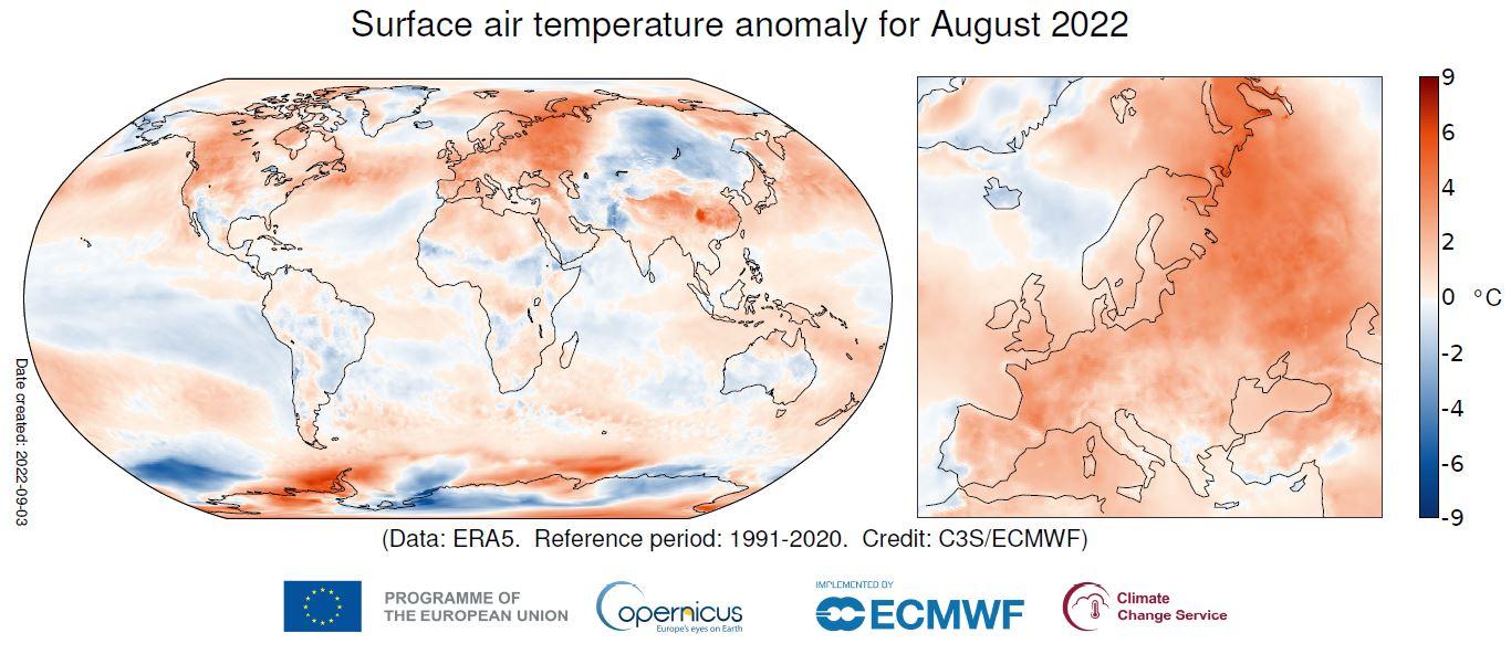 Anomalie de la température de l'air en surface pour août 2022 par rapport à la moyenne d'août pour la période 1991-2020. [Copernicus Climate Change Service/ECMWF - ERA5]