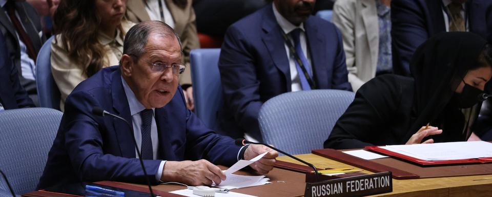 Sergei Lavrov lors d'une réunion du Conseil de sécurité de l'ONU à New York en septembre 2022. [Keystone - EPA/Justin Lane]