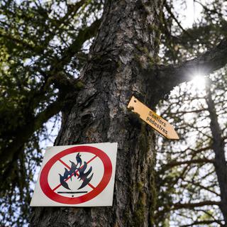 Un panneau "Interdiction de faire du feu" est visible sur un chemin de randonnée le mercredi 15 juin 2022 à Lens près de Crans-Montana. [KEYSTONE - Jean-Christophe Bott]