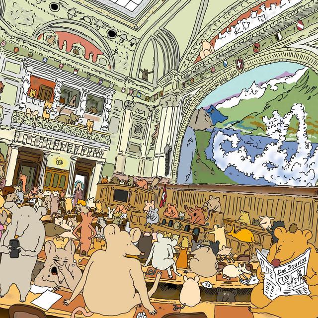"Les souris du Palais fédéral" est un récit illustré pour sensibiliser les plus jeunes citoyennes et citoyens à la politique suisse. [Valentine Zuber & Pierre Schilling - OSL]