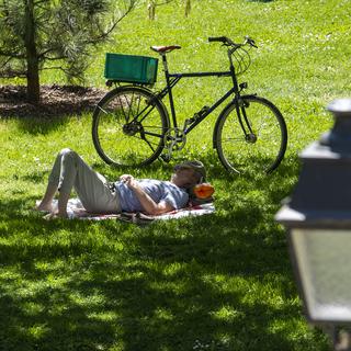 Une personne fait une sieste à l'ombre d'un arbre, ce dimanche 30 mai 2021, dans un parc à Genève. [KEYSTONE - Martial Trezzini]