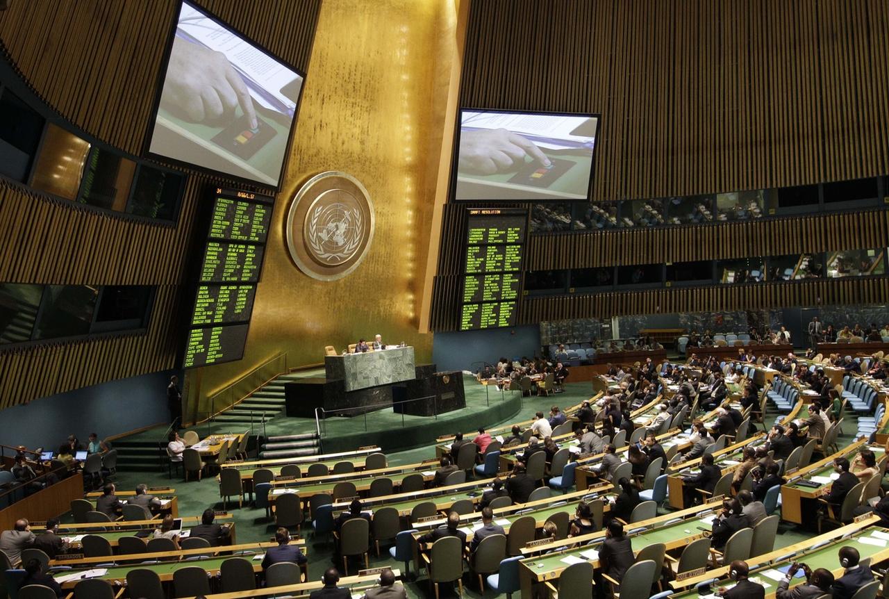 La salle de l'Assemblée générale des Nations unies à New York. [Keystone - Kathy Willens]