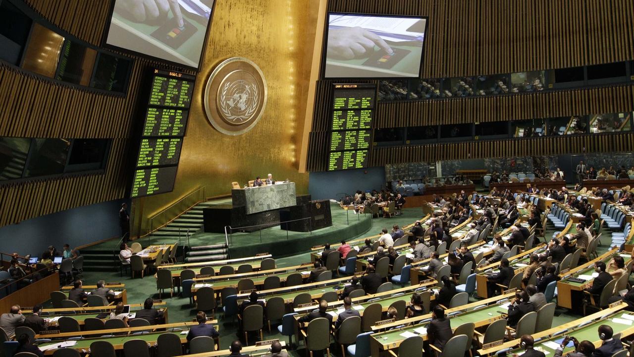 La salle de l'Assemblée générale des Nations unies à New York. [Keystone - Kathy Willens]