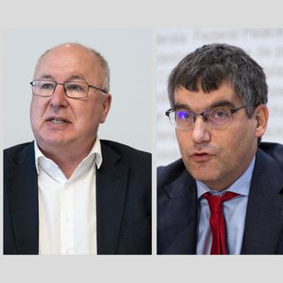 Les socialistes vaudois Pierre-Yves Maillard et Roger Nordmann. [KEYSTONE - Peter Schneider et Peter Klaunzer.]