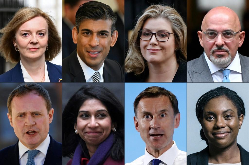 Les huit candidats dans la course pour Downing Street. En haut, de gauche à droite: Liz Truss, Rishi Sunak, Penny Mordaunt, Nadhim Zahawi. En bas, de gauche à droite: Tom Tugendhat, Suella Braverman, Jeremy Hunt, Kemi Badenoch. [UK Parliament - AFP]