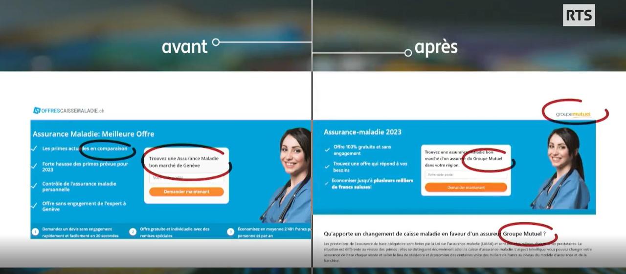 La version avant-après du site offrescaissemaladie.ch. [RTS]