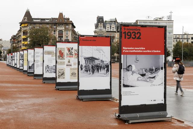 Exposition en la mémoire des victimes du 9 novembre 1932 à Genève. [Keystone - Salvatore Di Nolfi]