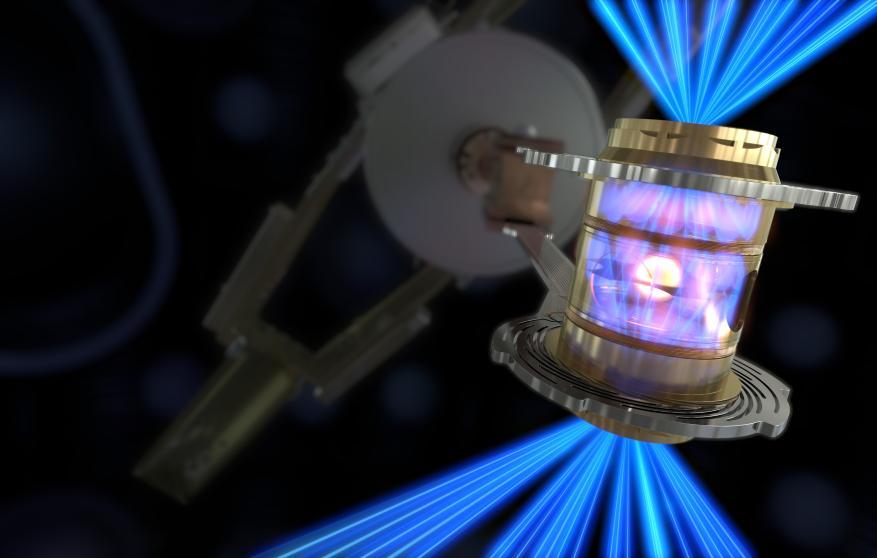 Pour créer un allumage par fusion ("fusion ignition" en anglais), l'énergie laser du National Ignition Facility est convertie en rayons X à l'intérieur du hohlraum (la chambre); ceux-ci compriment ensuite une capsule de combustible jusqu'à ce qu'elle implose, créant ainsi un plasma à haute température et à haute pression. [llnl.gov]