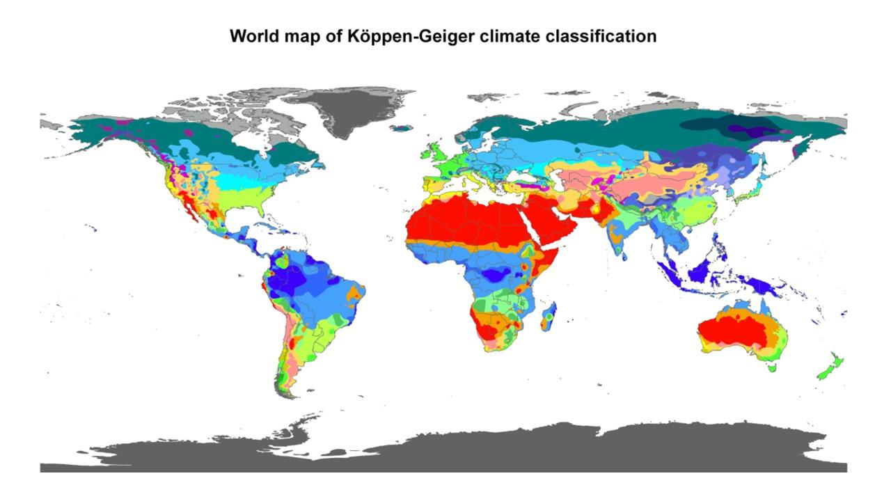 Classification des climats. En rouge, les zones arides. [Wikipedia/University of East Anglia]