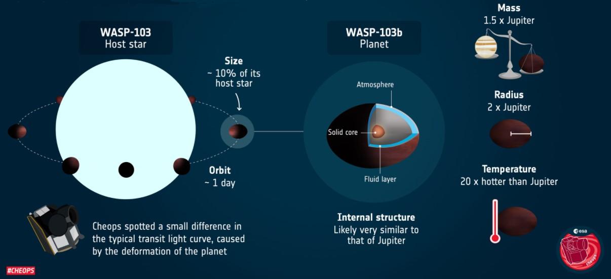 CHEOPS a révélé que l'exoplanète WASP-103b orbite autour de son étoile hôte en l'espace d'une journée. Elle ressemble plus à un ballon de rugby qu'à une sphère. C'est la première fois que la déformation d'une exoplanète est détectée, ce qui offre de nouvelles perspectives sur la structure interne de ces planètes proches de leur étoile. [ESA - Space Science/CHEOPS]