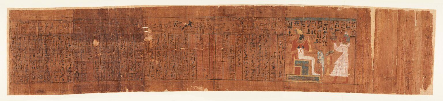 Le Papyrus Bodmer (PB101), vieux de 3000 ans, est le début d'un chapitre écrit en hiéroglyphes du "Livre des Morts" égyptien, avec une image représentant le défunt, un prêtre d'Amon nommé Ankhefenkhonsou, et le dieu Osiris. [Fondation Bodmer]