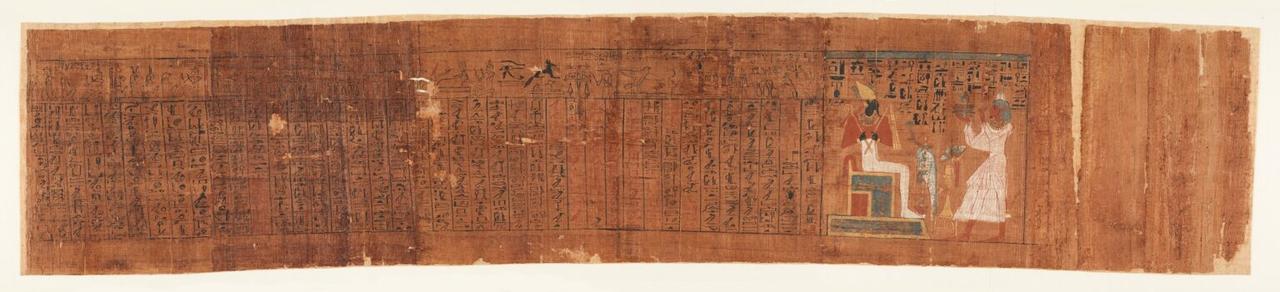 Le Papyrus Bodmer (PB101), vieux de 3000 ans, est le début d'un chapitre écrit en hiéroglyphes du "Livre des Morts" égyptien, avec une image représentant le défunt, un prêtre d'Amon nommé Ankhefenkhonsou, et le dieu Osiris. [Fondation Bodmer]